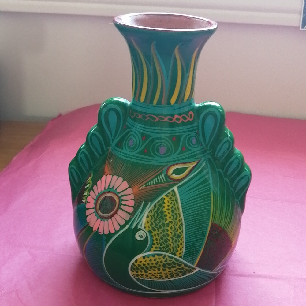 Vintage 2007 pottery vase decor, Mexican folk art, turquoise, pink, yellow